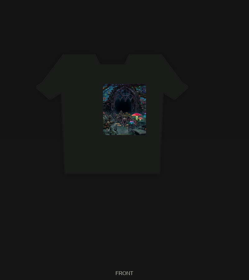 Front of black tee with small Night Garden chest print